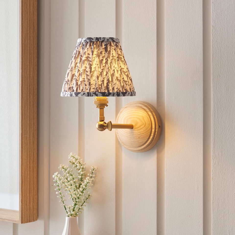 image 1 of Wood Wing Ash Wood Wall Light with Pearl Grey Fabric Leaf Shade 16cm B22