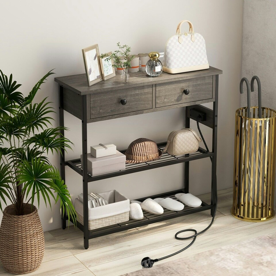 image 1 of COSTWAY Entryway Narrow Console Table w/Charging Station Brown