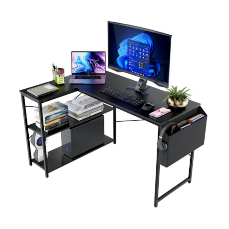 image 1 of DMD Reversible L-Shaped Computer Desk with Storage Shelves | Black