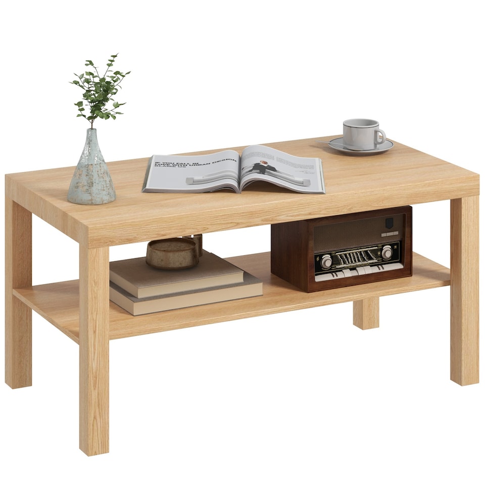 image 1 of HOMCOM 2-Tier Coffee Table with Storage Shelf, Rectangular Centre Table for Living Room, Home Office, Natural Wood Finish | Yellow
