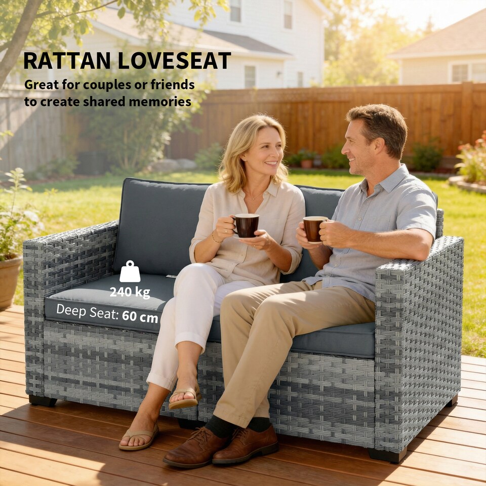 image 1 of Outsunny 2 Seater Rattan Garden Sofa with Deep Seat, Wide Arms, Mixed Grey | Grey | Mixed Grey | Two Seater