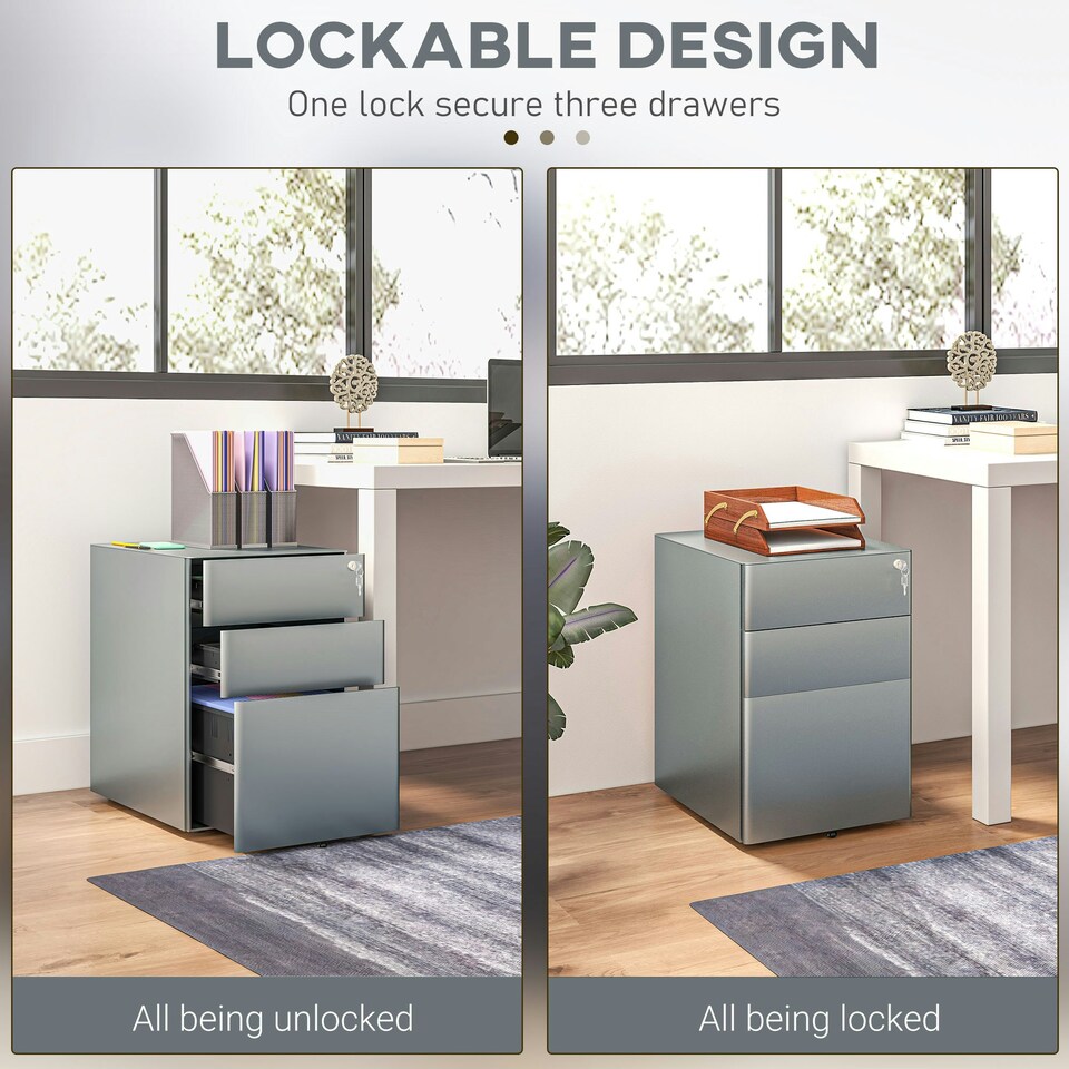 image 1 of Vinsetto 3 Drawer Metal Filing Cabinet Lockable 5 Wheels Compact Under Desk Grey