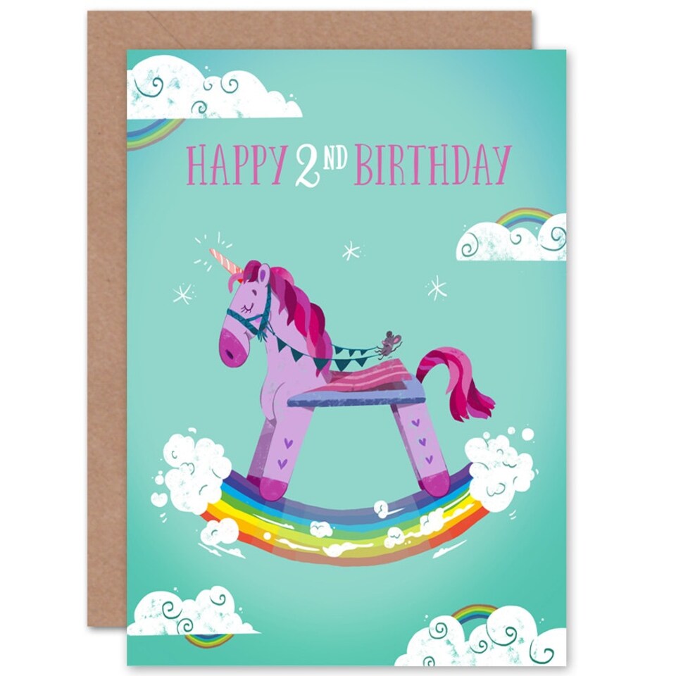 image 1 of Rainbow Rocking Unicorn Cartoon Age 2 Year Old Kids 2nd Birthday Card