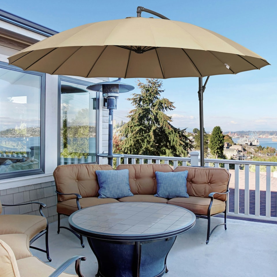 image 1 of Outsunny 3(m) Cantilever Shanghai Parasol w/ Crank Handle, Cross Base, Khaki