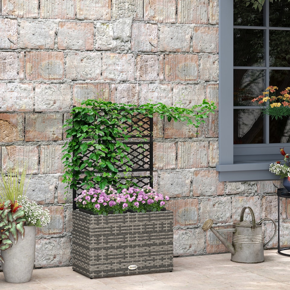 image 1 of Outsunny Garden PE Rattan Planter Box  Trellis Flower Raised Bed, 57x30x107cm