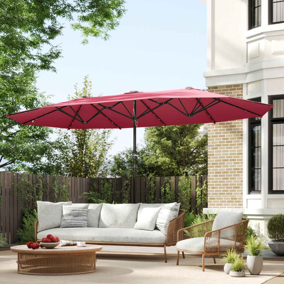 image 1 of Outsunny 4.4m DoubleSided Sun Umbrella Garden Parasol Patio Sun Shade Outdoor with LED Solar Light, NO BASE INCLUDED, Wine Red