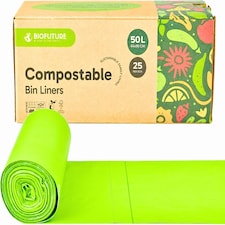 Biofuture 50L x 25 Compostable Bin Liners | Home Compostable & Council Approved | Fits 49-51L Large Garden & Compost Waste Bags | EN13432 Certified & TUV Certified