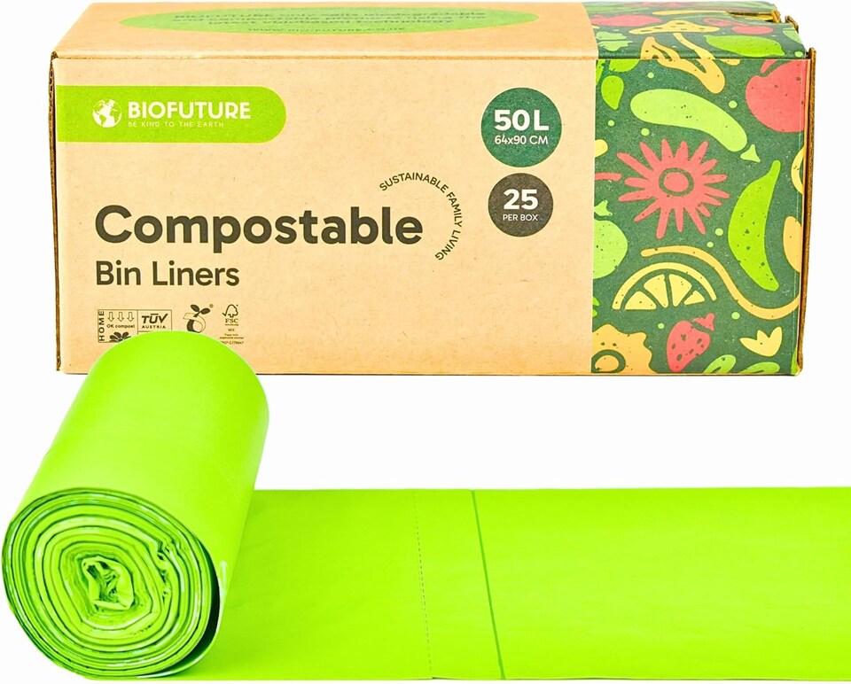 image 1 of Biofuture 50L x 25 Compostable Bin Liners | Home Compostable & Council Approved | Fits 49-51L Large Garden & Compost Waste Bags | EN13432 Certified & TUV Certified