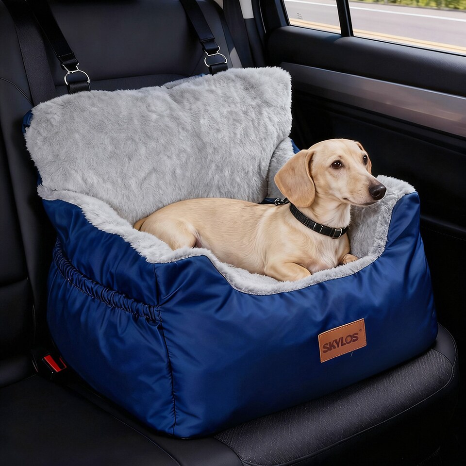 image 1 of Skylos Dog Car Seat Bed Pet Booster Travel Carrier with Safety Leash | Blue | Blue | 1