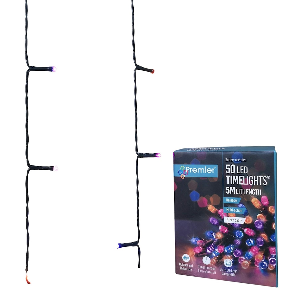image 1 of 50 LED 5m Premier Christmas Indoor Outdoor Multi Function Battery Operated String Lights with Timer in Rainbow