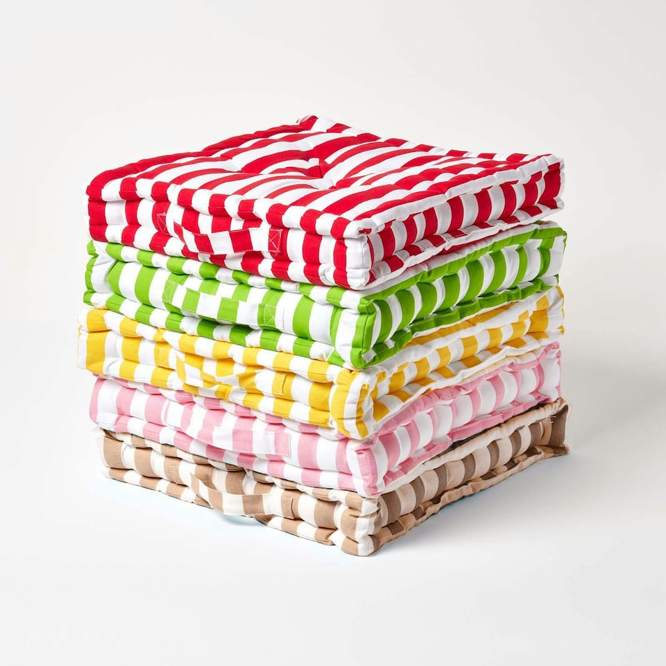 image 1 of Homescapes Cotton Beige Thick Stripe Floor Cushion - 50 x 50 cm | Cream | Beige | 50 x 50 cm
