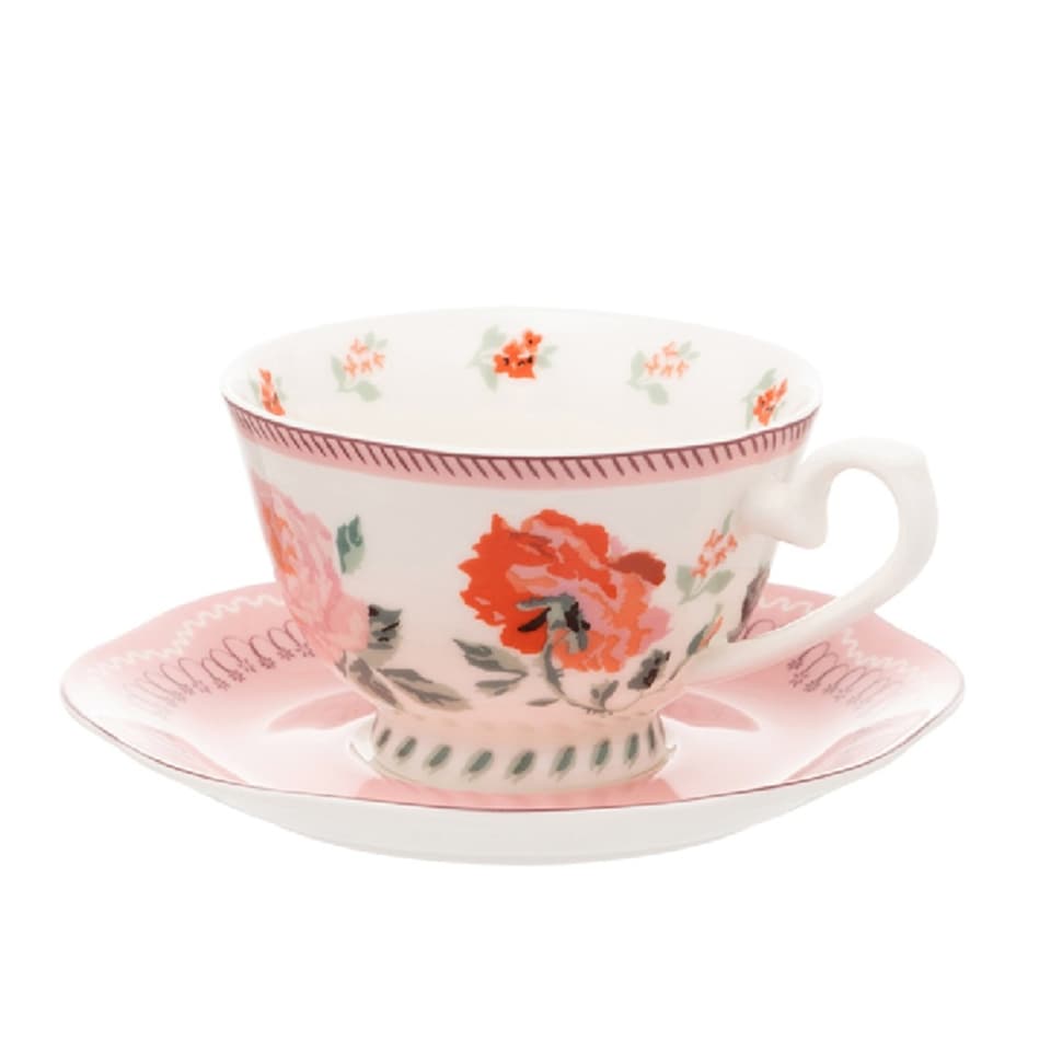 Tea Cup and Saucer: 1 x Cath Kidston Archive Rose Teacup & Saucer Set, Ceramic