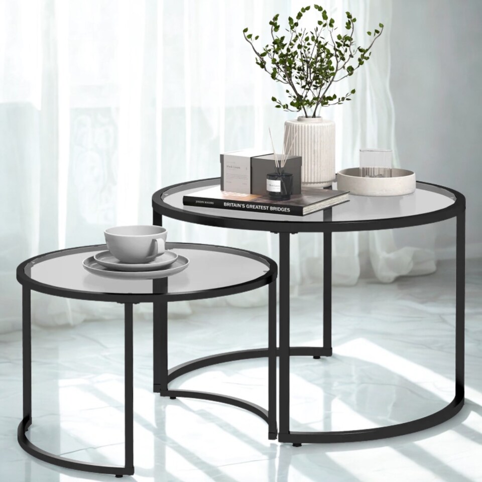 image 1 of Set Of 2 Round Black Nesting Tables With Tempered Glass Top