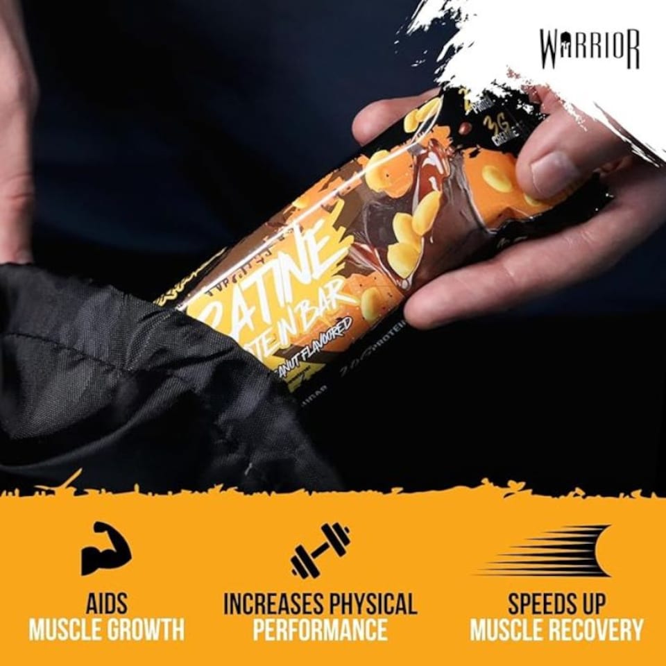 image 1 of Warrior Creatine  Protein Bars 12 x 75g – 20g High Protein Bar, 5g Creatine, Low Sugar High Fibre Oat  Bars, Meal Replacement Bars (Chocolate Peanut)