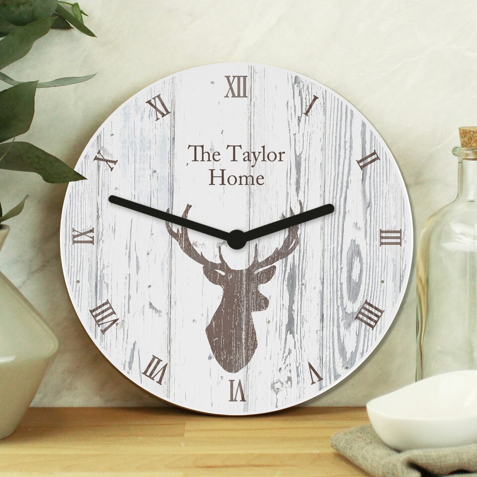 image 1 of Personalised Highland Stag Shabby Chic Wooden Clock | White