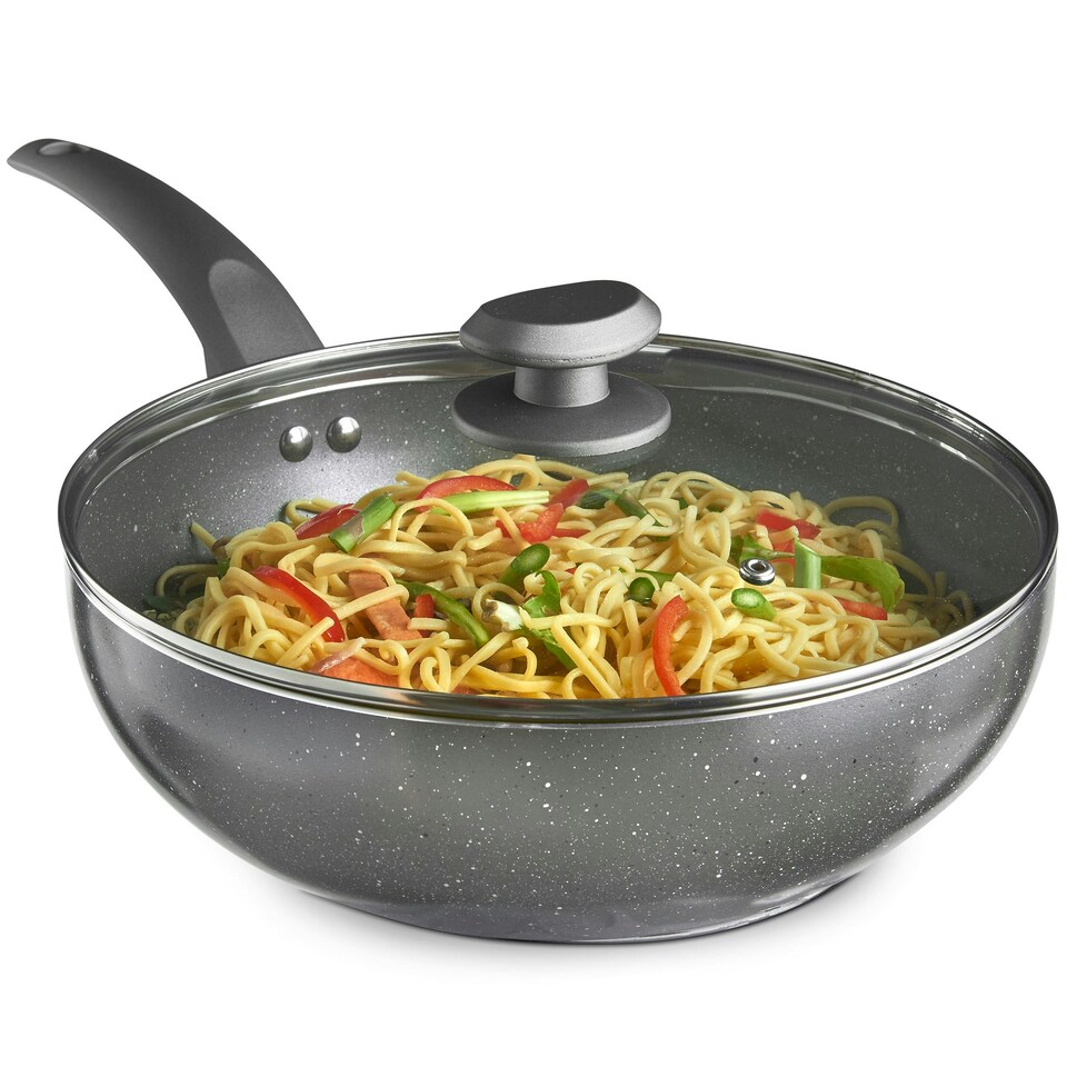 image 1 of VonShef Non-Stick Wok, Aluminium with Marble Finish, Lid & Stay Cool Handle, 28cm