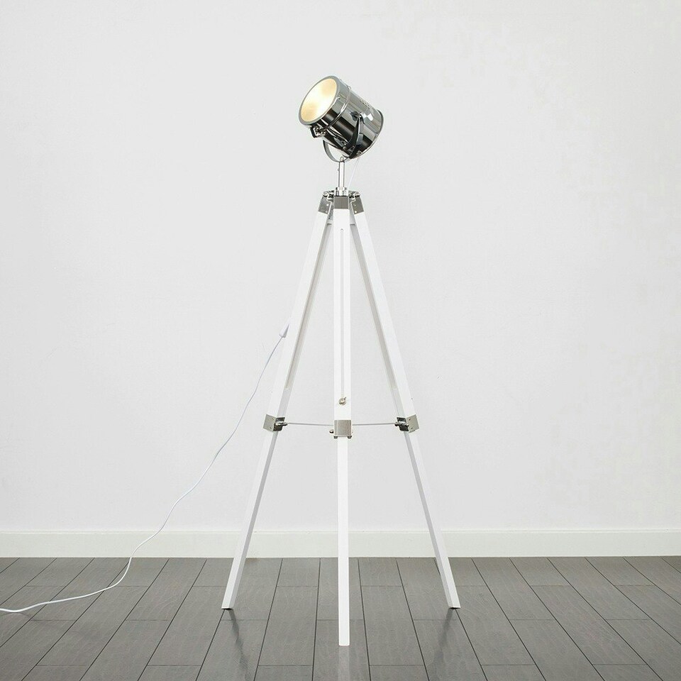 image 1 of ValueLights White And Chrome Industrial Studio Style Adjustable Spotlight Tripod Floor Lamp