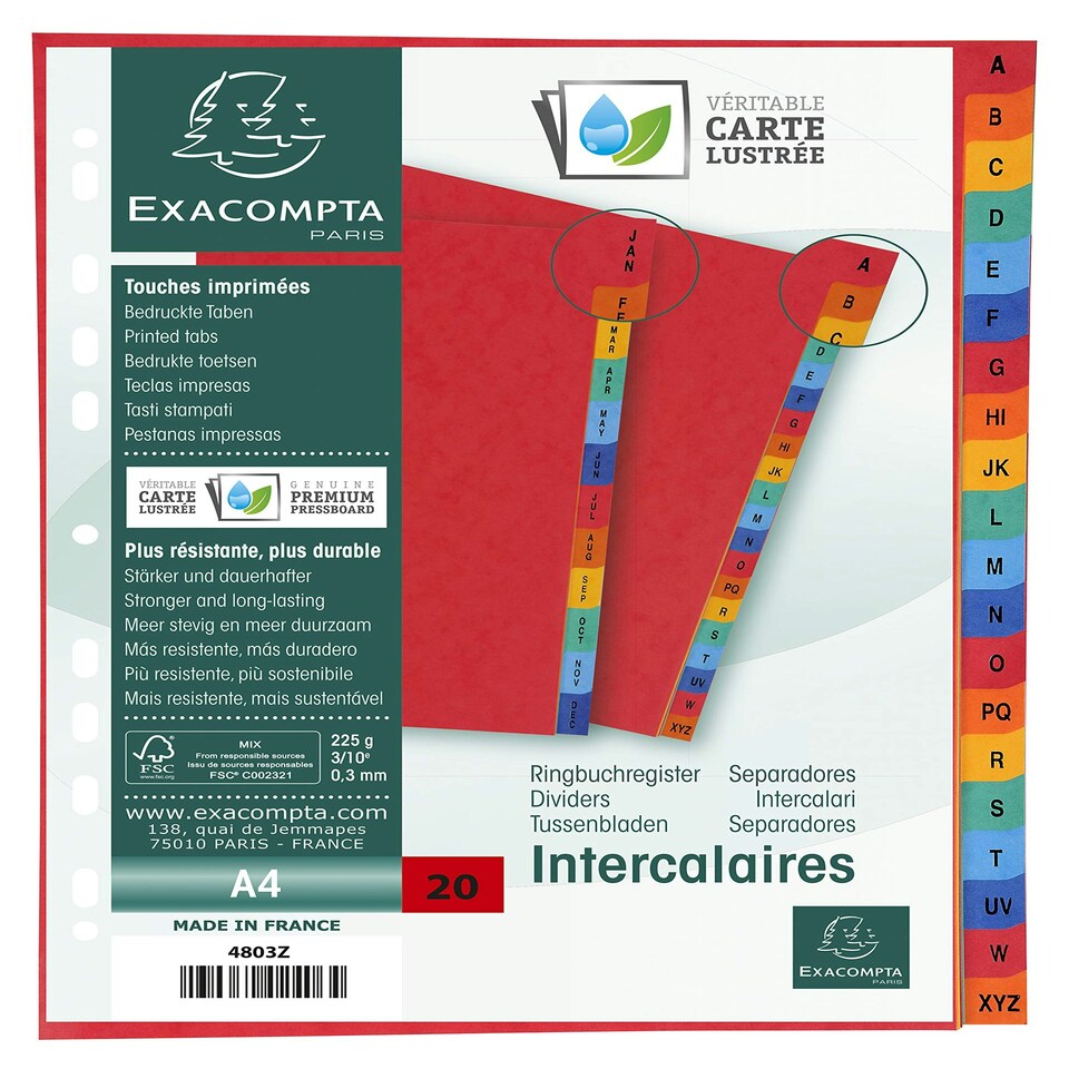 image 1 of Exacompta - Ref 4803Z - Europa Collection - Printed Indices - Suitable for Use With A4 Documents, 225gsm Premium Pressboard, 20 Parts (A-Z) - Multicoloured