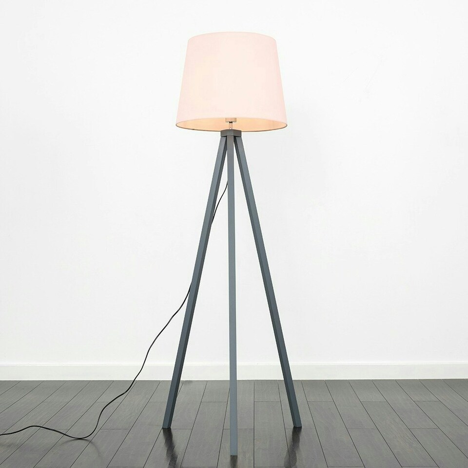 image 1 of ValueLights Modern Grey Wood Tripod Design Floor Lamp With Pink Shade