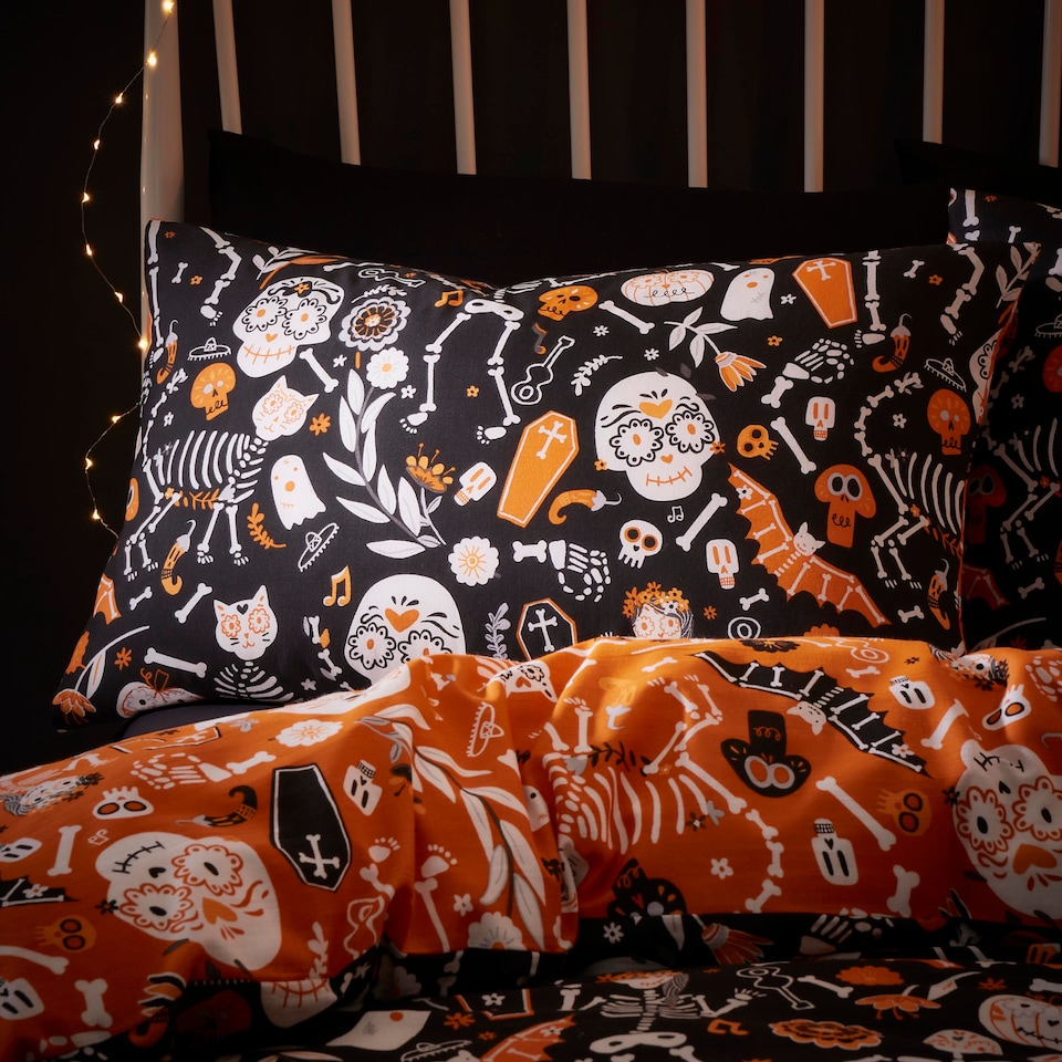 image 1 of Bedlam Halloween Day of the Dead Duvet Cover Set Black/Orange
