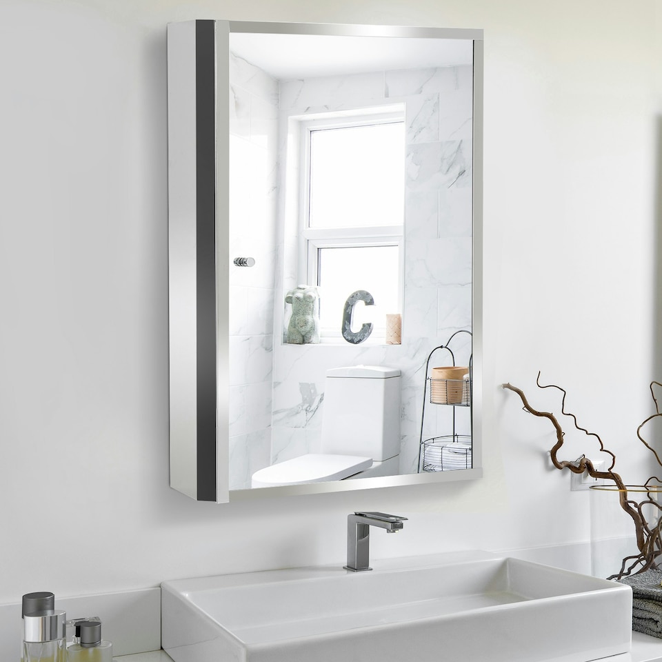 image 1 of HOMCOM Mirror Cabinet Shelves Bathroom Storage  Stainless Steel Wall Cabinet
