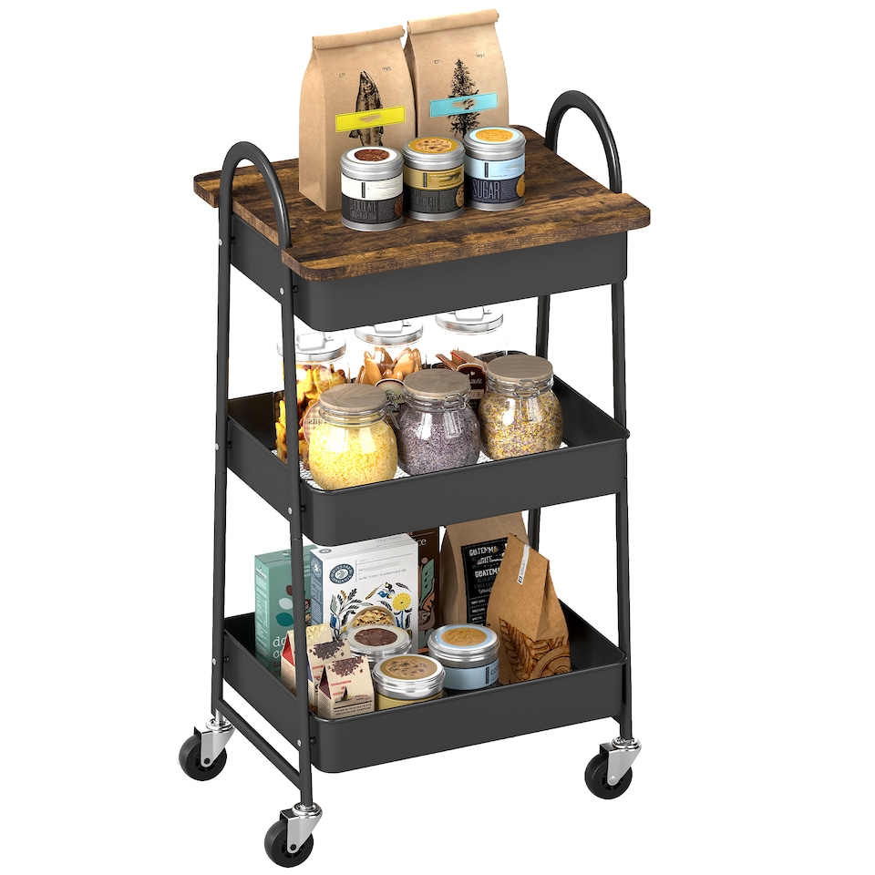 image 1 of HOMCOM 3-Tier Storage Trolley with Covered Top Board, Rolling Utility Cart, Mobile Storage Cart on Wheels with Mesh Baskets for Kitchen, Living Room, Dining Room, Bedroom, Bathroom, Rustic Brown/Black | Brown