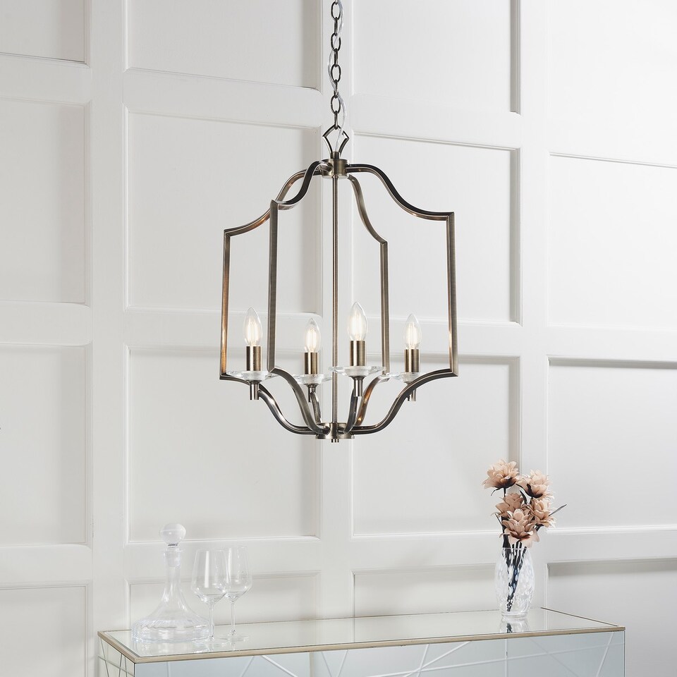 image 1 of Lainey 4 Light Ceiling Pendant Antique Brass Plate & Clear Crystal Glass, E14