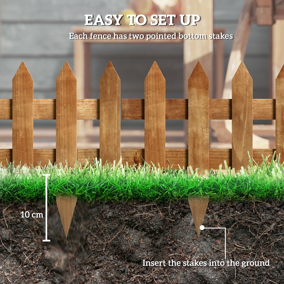 image 1 of Outsunny Pack of 12 Wooden Plant Border Fence Garden Fixed Picket Fence Brown