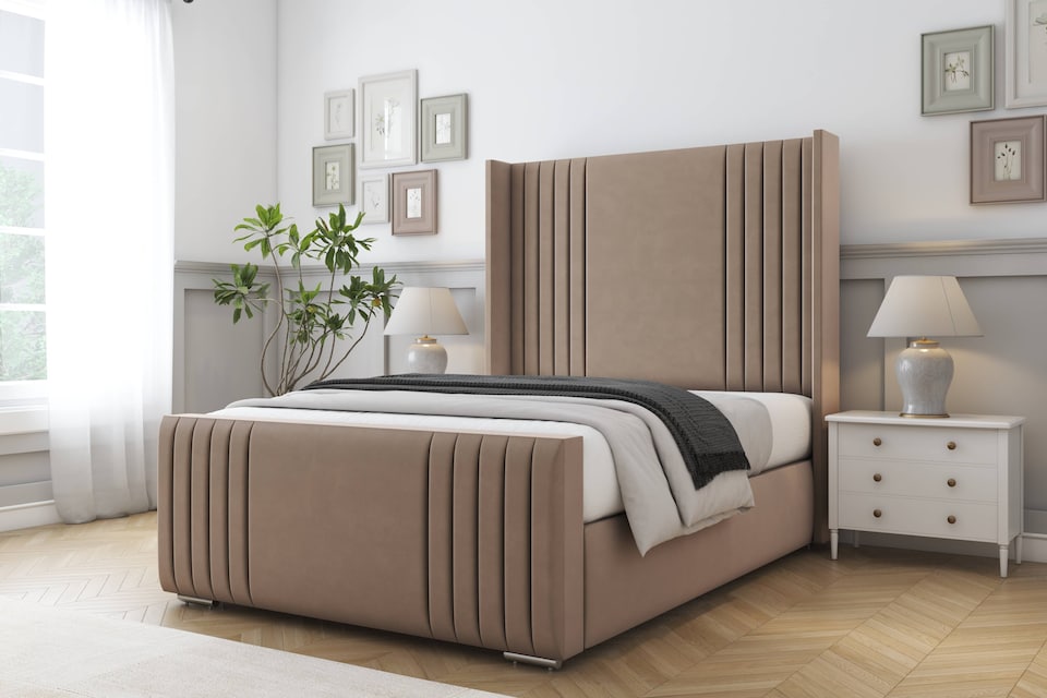 image 1 of Sloomy Camden Mink Plush Bed Frame With Mattress With 50"  Upholstered Wingback Headboard 5' King