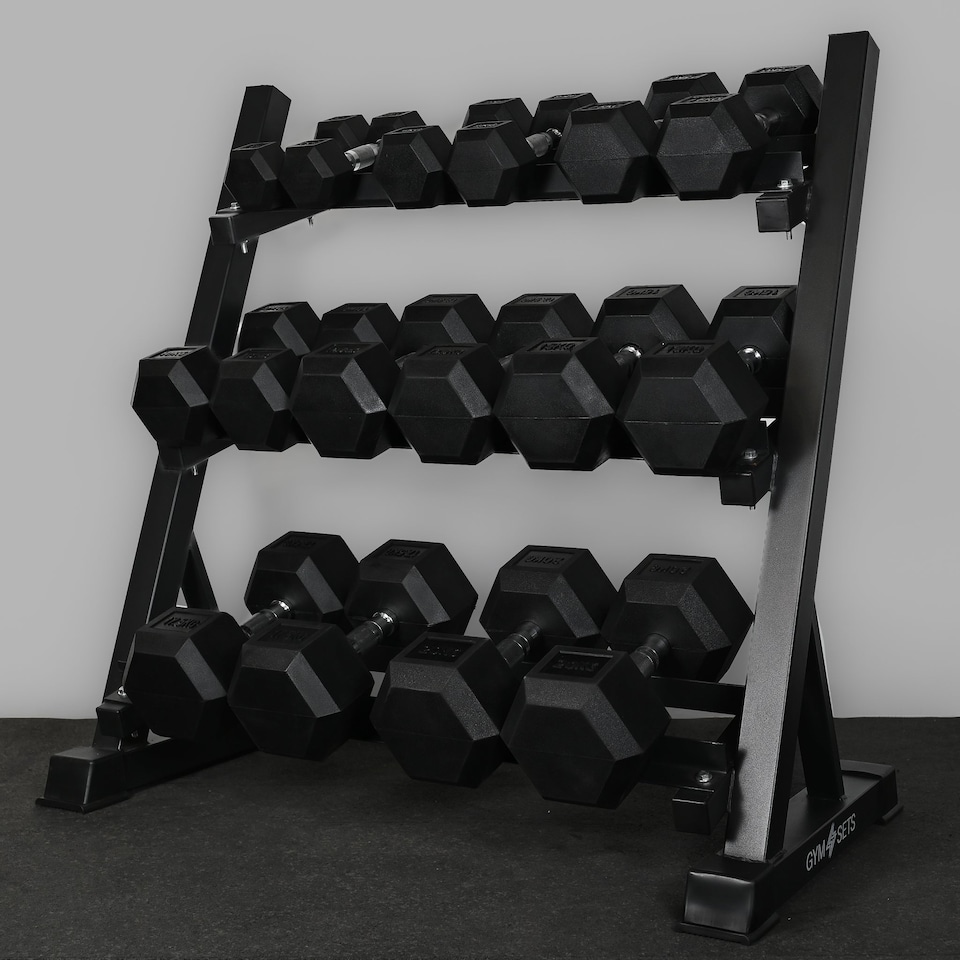 image 1 of GYM SETS 3Tier Dumbbell Storage Rack- (1 Rack | 25-35kg | 25 / 27.5 / 30 / 32.5 / 35kg / Commercial Bench | +£120)