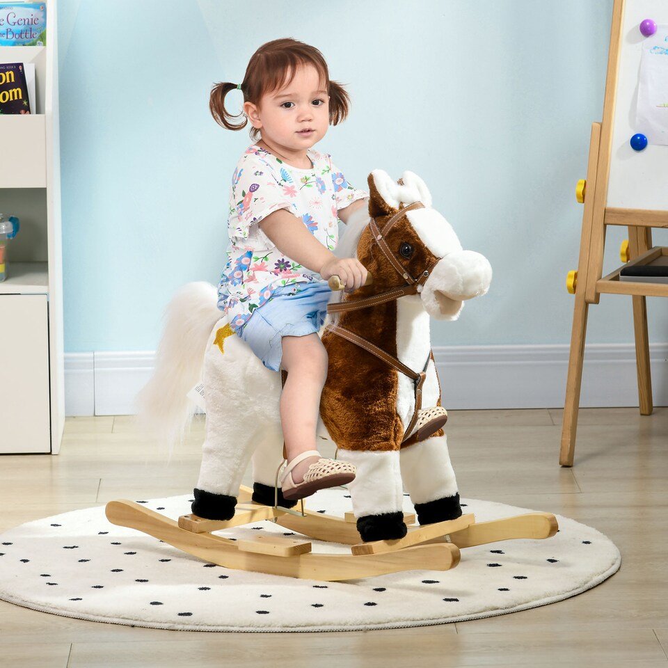 image 1 of HOMCOM Rocking Horse with Music, Sound, Wagging Tail, Kids Ride On Horse with Saddle Gift for Ages 3-6 Years, Brown