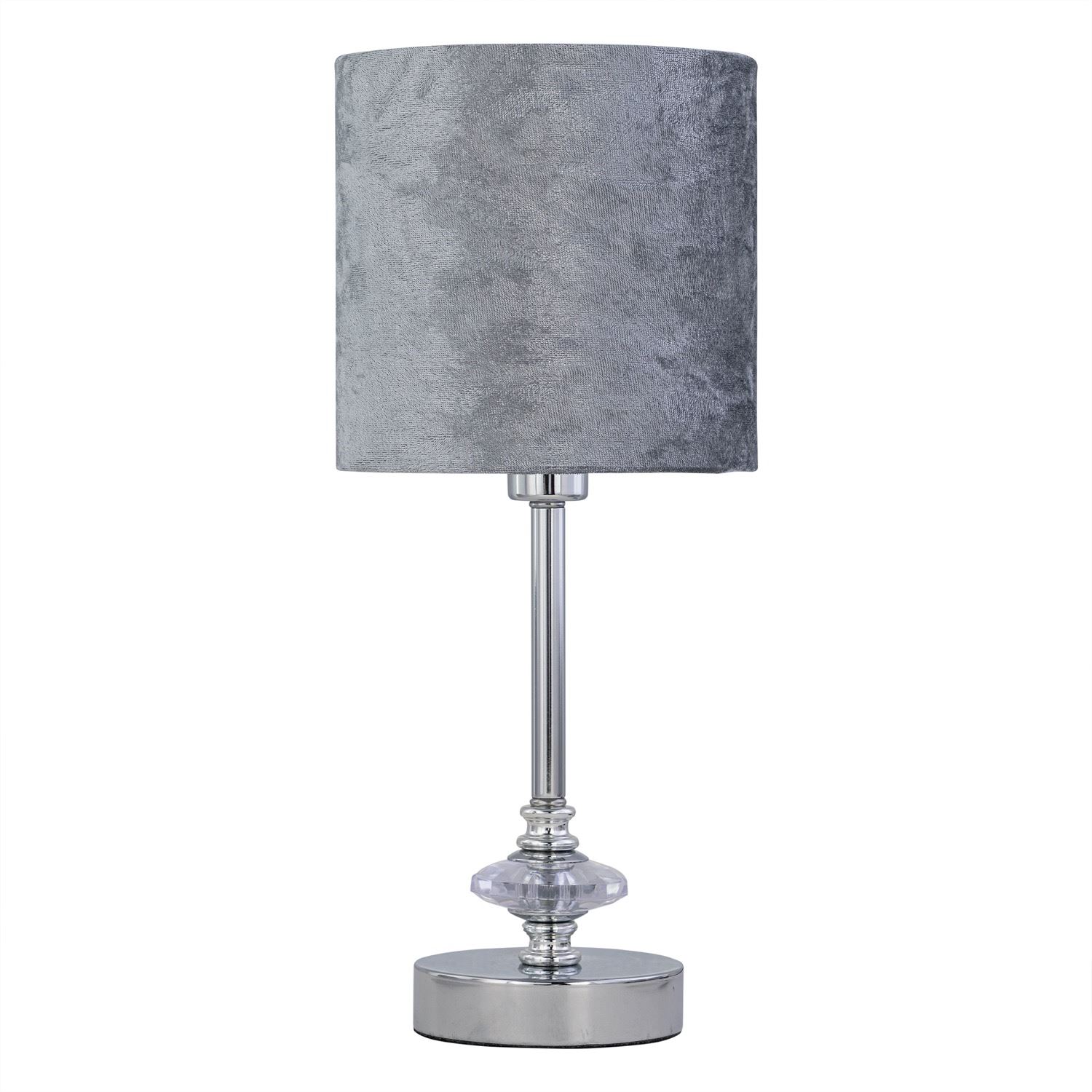 First Choice Lighting Chrome Jewelled Table Lamp with Grey Crushed Velvet Shade in Silver