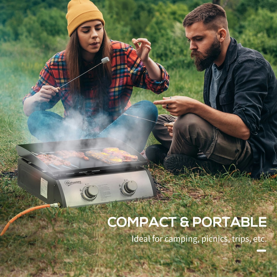 image 1 of Outsunny Portable Gas Plancha BBQ Grill with 2 Stainless Steel Burner, 6kW