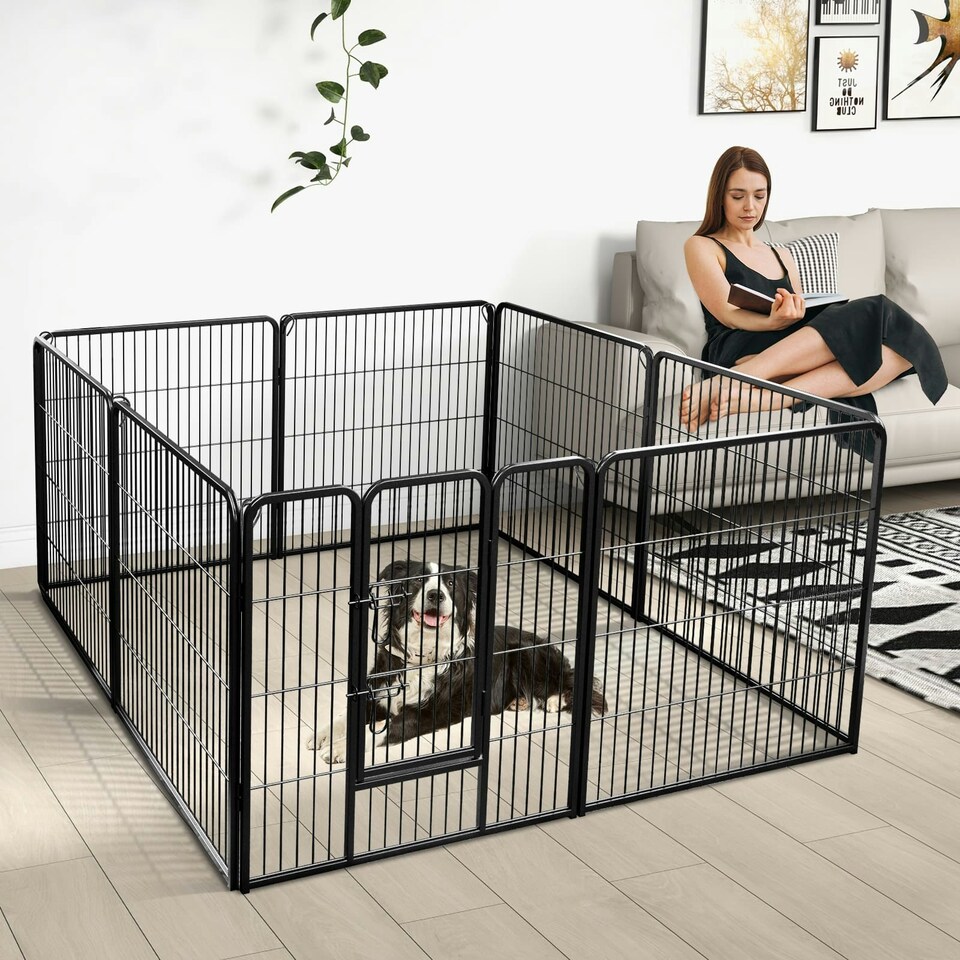 image 1 of COSTWAY 8 Panel 80cm Height Pen Fence w/ Lock Black Black