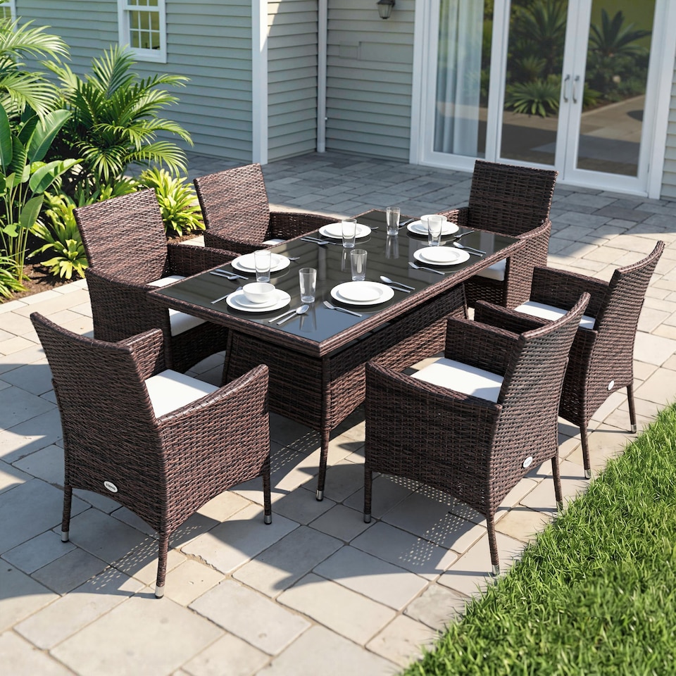 image 1 of Outsunny Rattan Dining Set for 6 with Cushions, Glass Top Table, Brown
