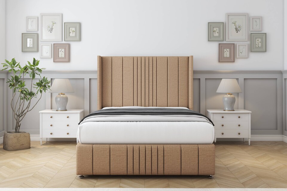 image 1 of Sloomy Hargrave Latte Dumfries Divan Bed With Mattress 2 Drawers Footend With 54" Wingback Headboard & 12" Matching Footboard 4'6 Double | Brown | Latte | Double | 1
