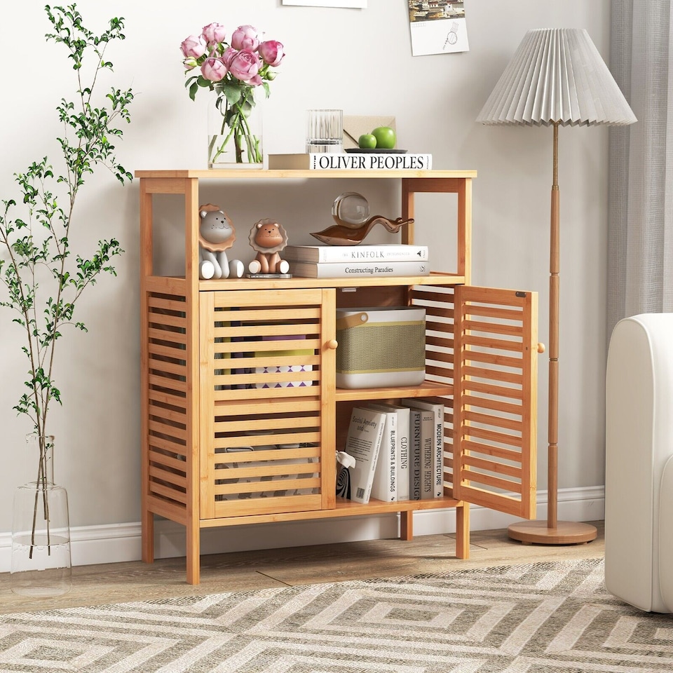 image 1 of COSTWAY Bamboo Side Storage Organizer Bathroom Floor Cabinet