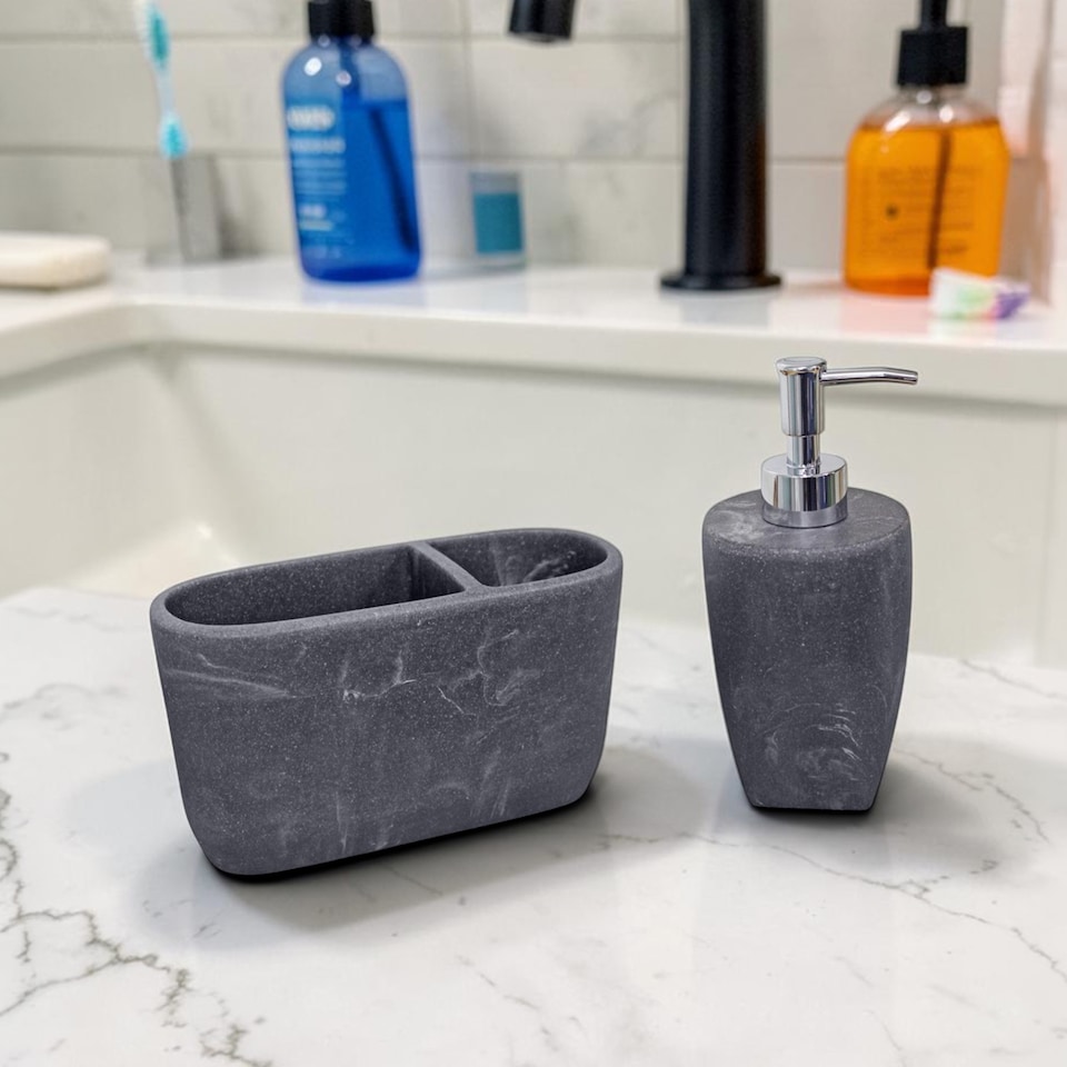 image 1 of Showerdrape Octavia Grey Bathroom Accessory Set - Soap Dispenser & Toothbrush Holder | Grey | Grey | 1