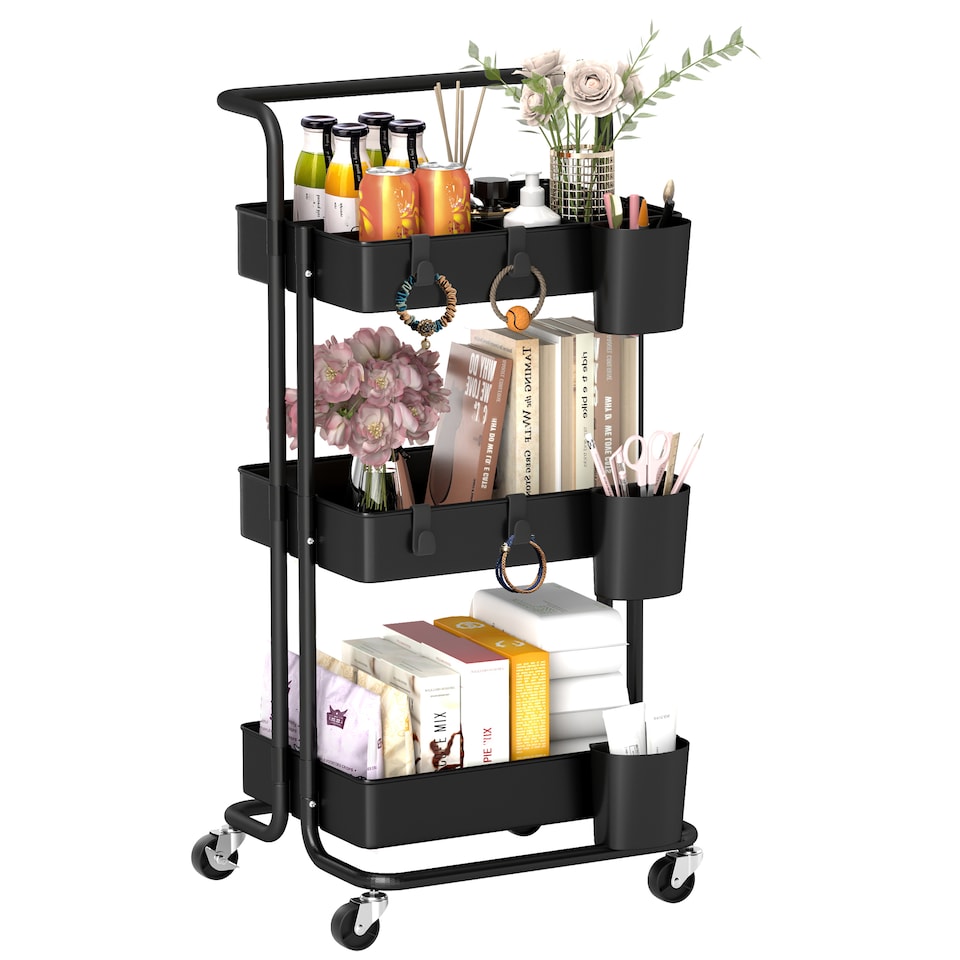 image 1 of HOMCOM 3 Tier Utility Rolling Cart, Kitchen Cart with 3 Removable Mesh Baskets, 3 Hanging Box, 4 Hooks and Dividers for Living Room, Laundry, Garage, Black