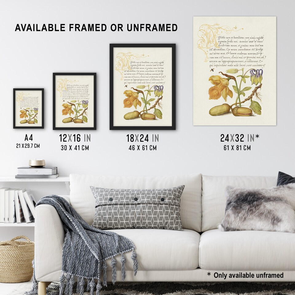 image 1 of Daffodil Flower and Oak Acorns Calligraphy Huge Wall Art Print 18X24 In
