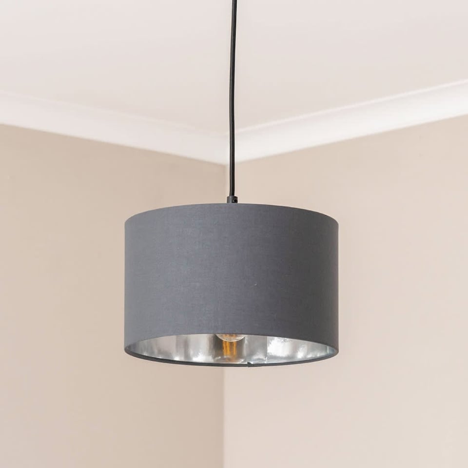 image 1 of ValueLights Reni Small Charcoal Fabric Chrome Inner Lamp Shade & Bulb | Grey