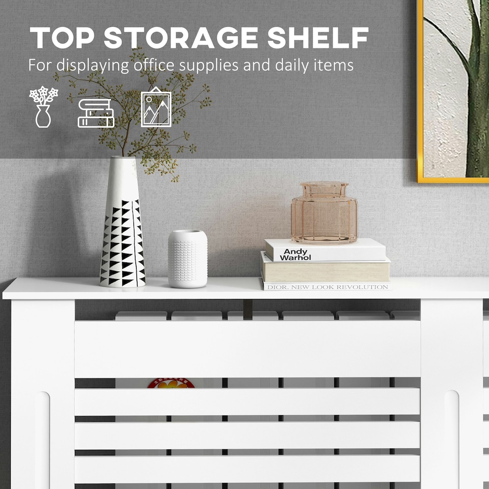 image 1 of HOMCOM White Painted Radiator Cover Wooden Cabinet Horizontal Slats Modern Style