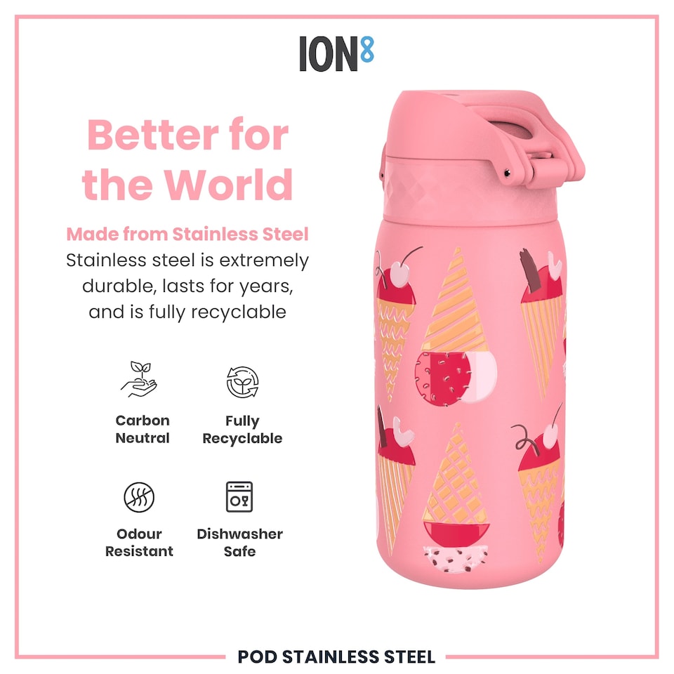 image 1 of Leak Proof Kids Water Bottle, Stainless Steel, 400ml (13oz) | Pink | Ice Creams | One Size