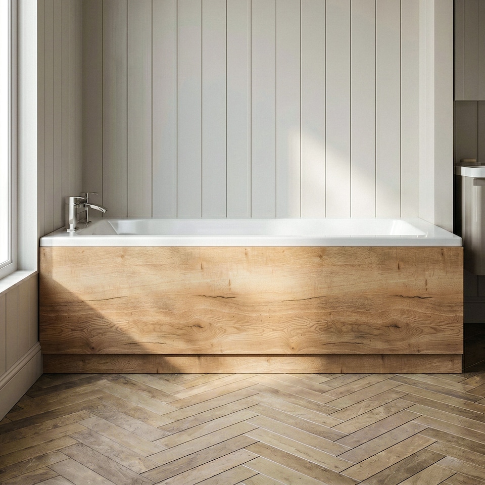 image 1 of Balterley Edge/Power Straight Front Bath Panel & Plinth - Textured Woodgrain Autumn Oak | Brown | Autumn Oak | 1