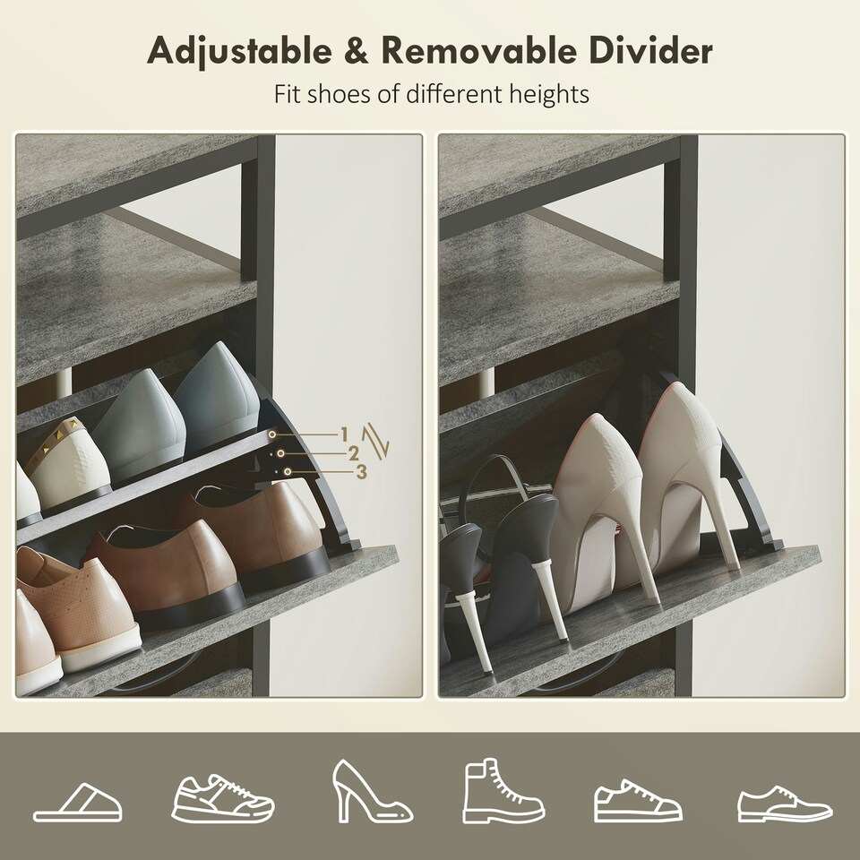 image 1 of HOMCOM Shoe Cabinet with 4 Flip Drawers, Holds 12-20 Pairs | Grey | 98W x 24D x 95H cm | 1