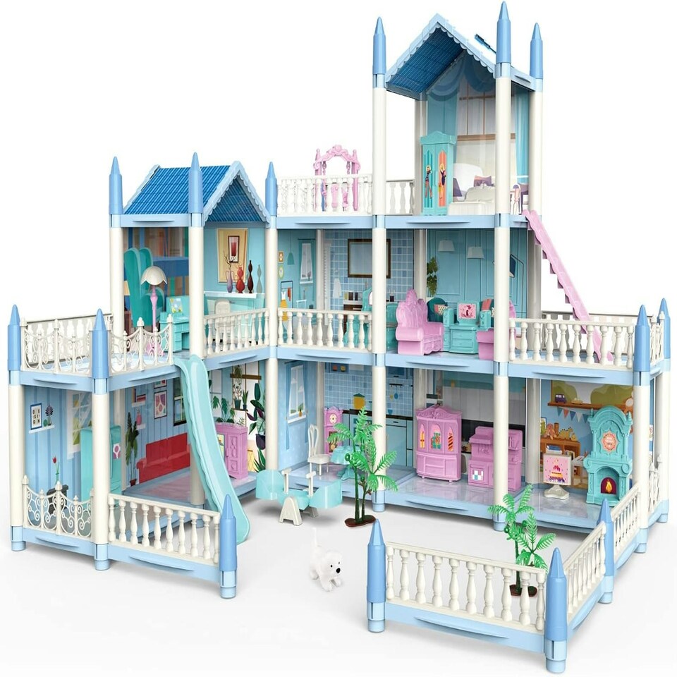 image 1 of 3D DIY My First Dolls House – Large Blue Portable Castle Playset with Furniture & Outdoor Space  3-Story Dollhouse for Kids Ages 6+