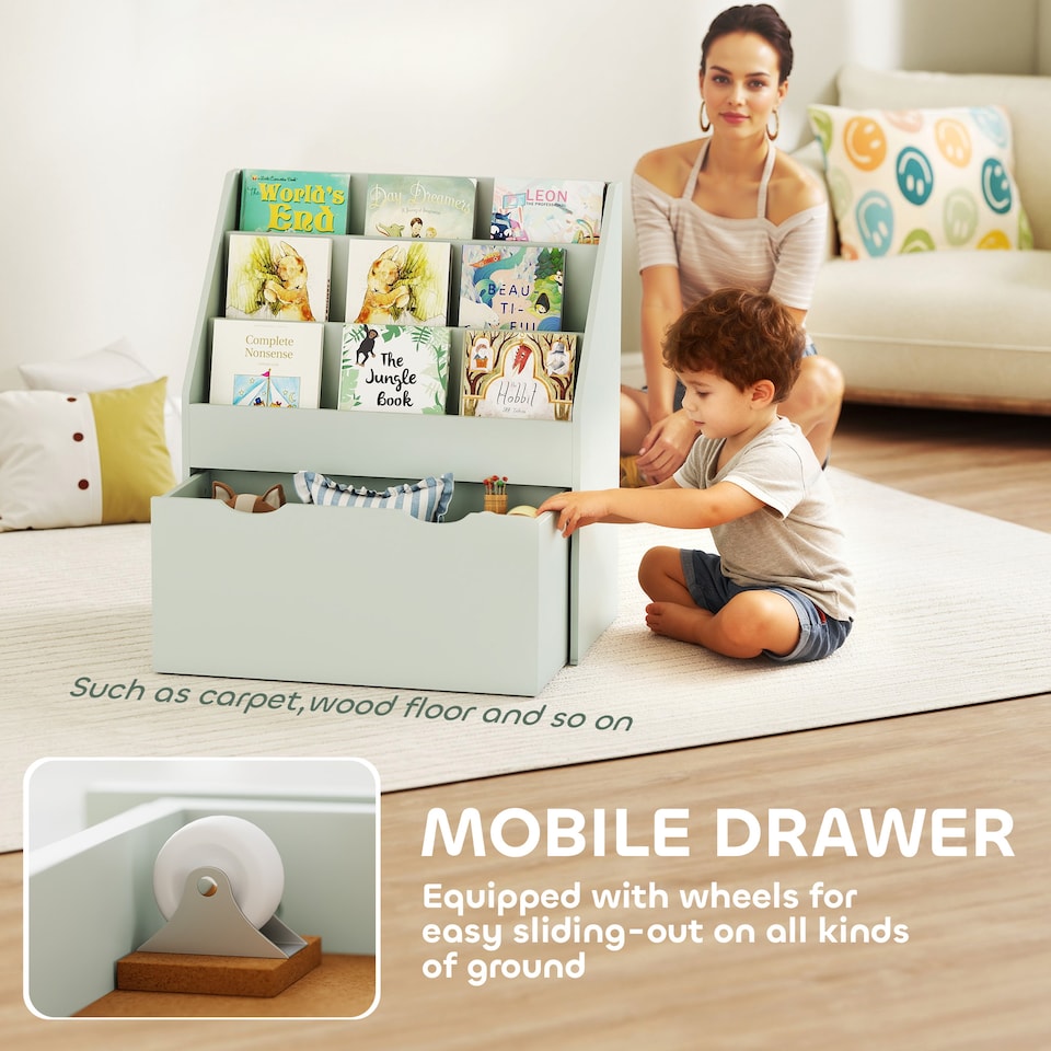 image 1 of AIYAPLAY Kids Bookcase w/ 3 Tier Shelves, Drawer, for Bedroom, Nursery, Green