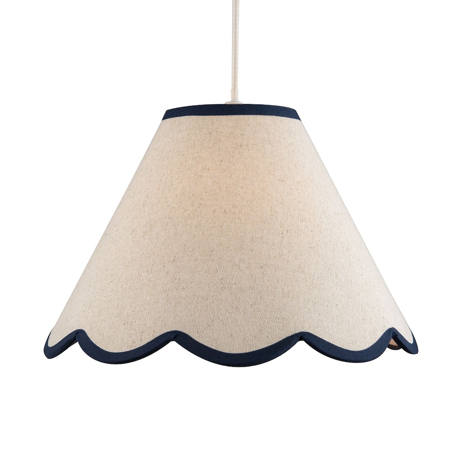 image 1 of Scallop Edge Natural Textured Linen Coolie Lamp Shade with Navy Trims | Blue | 12"