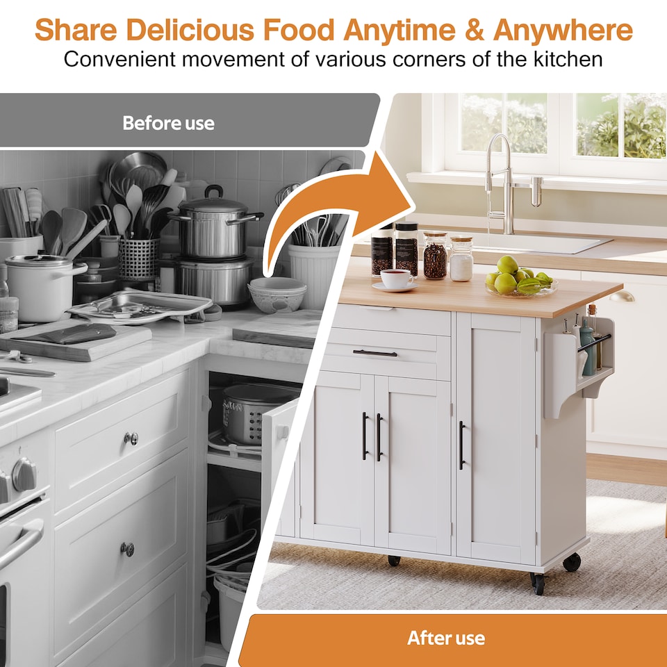 image 1 of VILUXE Mobile Kitchen Island with Foldable Worktop, Hidden Cutlery Drawer, Large Drawer, Adjustable Shelves, Door Racks, Towel Rack, Spice Rack and 5 Wheels, White and Natural Wood
