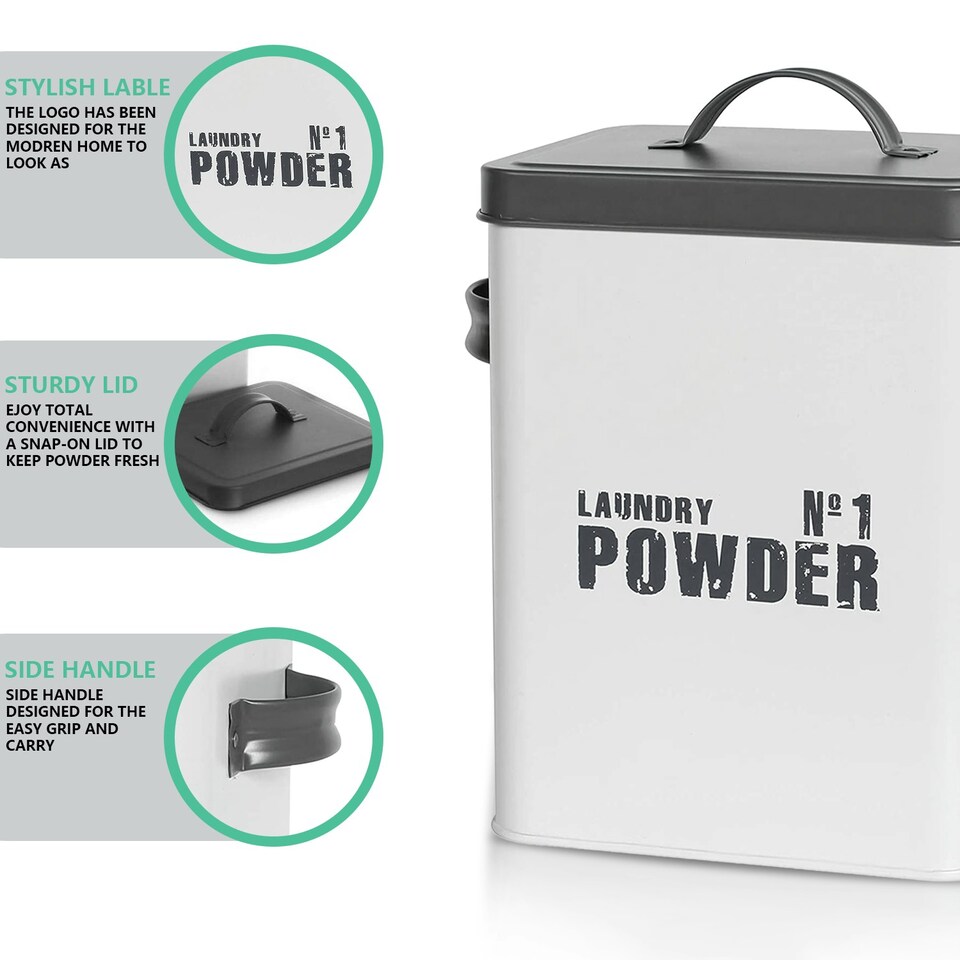 image 1 of Enamel-Coated Metal Laundry Powder Storage Tin Airtight Lid for Detergent & Pods | Grey